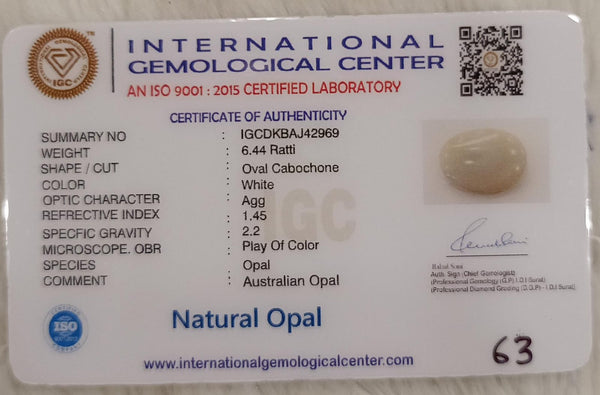 Natural White Opal 6.44 Ratti| Oval Cabochone | Certified No. IGCDKBAJ42969 image 2