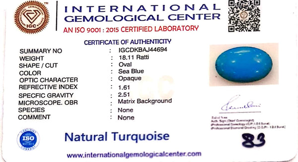 Natural Turquoise | Oval | Sea Blue | Certified | Astrological GemstoneCertificate No.: IGCDKBAJ44694 image 2