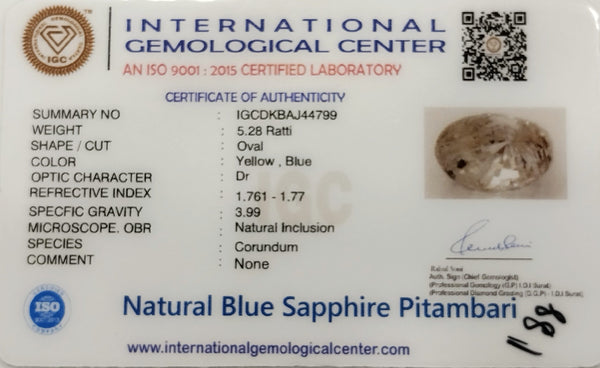 Pitambari Sapphire | IGC Certified | Dual Color (Yellow & Blue) | Oval Cut | Natural Inclusions | Rare Astrological Gem Certificate No.: IGCDKBAJ44799 image 2