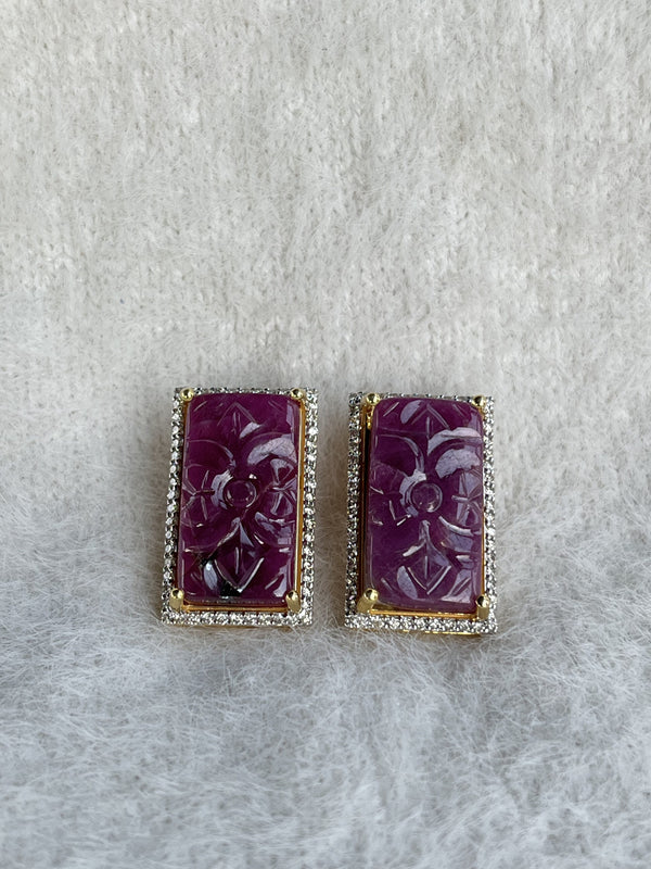 Royal Blossom Earrings – 30.30 ct Hand-Carved Purplish Red Natural Ruby with 0.82 ct Natural Diamonds image 0