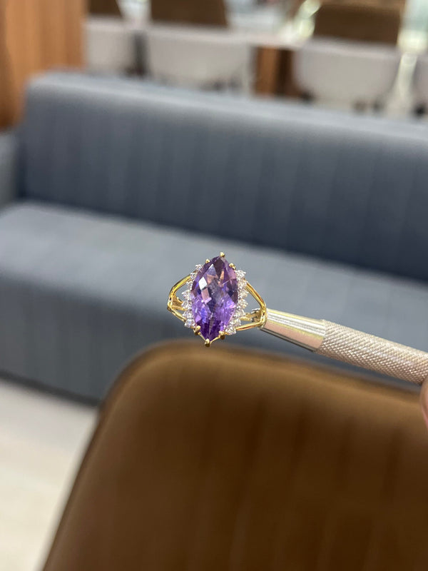 Natural Marquise Shape Amethyst & Diamond Ring in 14K Gold image 0