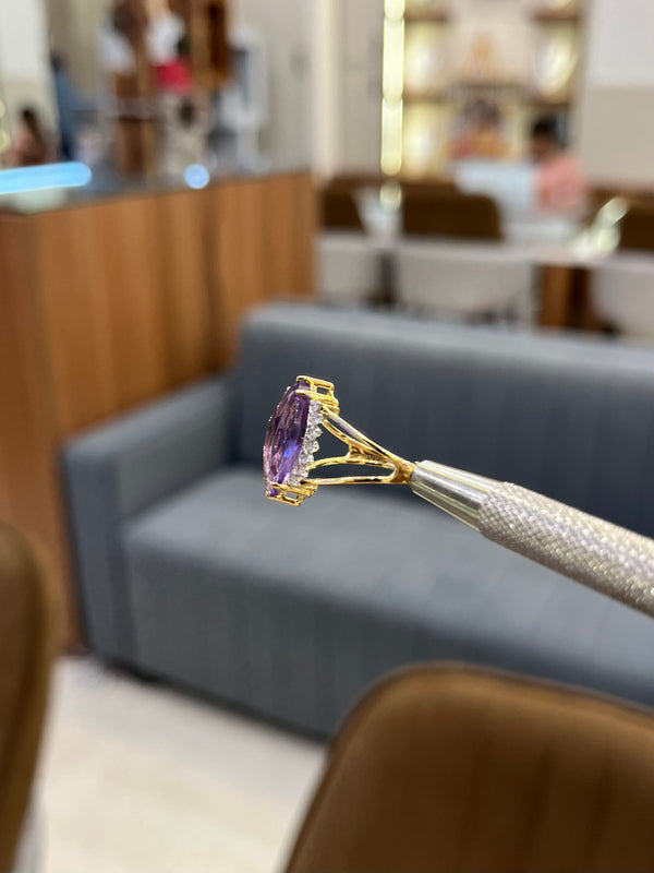 Natural Marquise Shape Amethyst & Diamond Ring in 14K Gold image 2