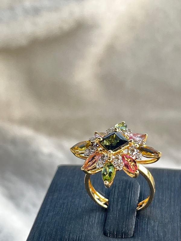 Aurora Blossom Ring – Pink, Green & Brown Tourmalines with 0.41 ct Natural Diamonds in 14K Gold image 2