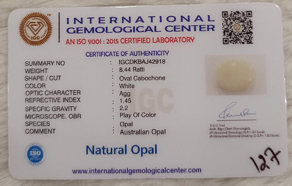 Natural White Opal 8.44 Ratti| Oval Cabochone | Certified No. IGCDKBAJ42918 image 2
