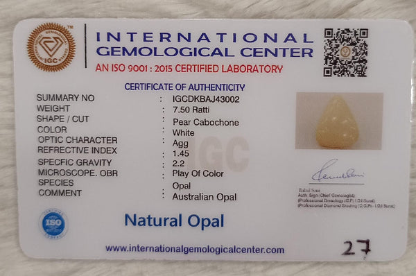 Natural White Opal 7.50 Ratti|Pear Cabochone | Certified No. IGCDKBAJ43002 image 2