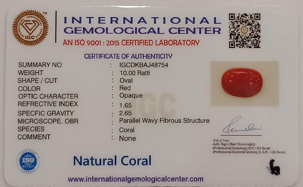 NaturalRed Coral | Certified| Oval CutGemstone Summary No. IGCDKBAJ48754 image 2