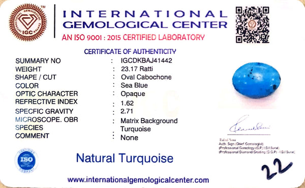 Natural Turquoise | IGC Certified | Oval Cabochon | Sea Blue | Healing Matrix Stone Certification Number: IGCDKBAJ41442 image 2