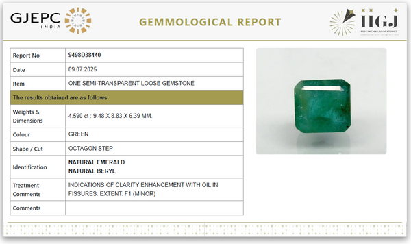Natural Emerald | Govt. Lab Certified | Octagon StepCut | Green Report No.9498D38440 image 1
