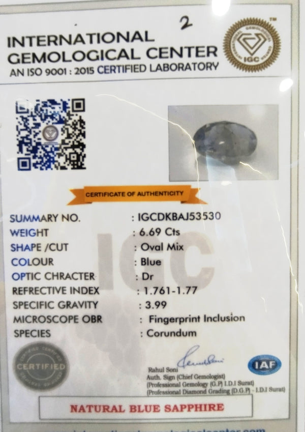 Natural BlueSapphire | IGC Certified | Dual Color ( Blue) | Oval Mix Cut | Natural Inclusions | Rare Astrological Gem Certificate No.: IGCDKBAJ53530 image 2