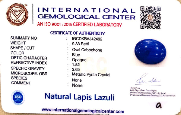 Natural Lapis Lazuli | Oval Cabochon | Deep Royal Blue with Metallic Pyrite | CertifiedCertificate No.: IGCDKBAJ42492 image 2