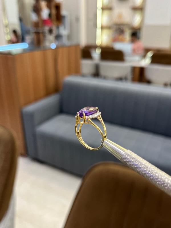 Natural Marquise Shape Amethyst & Diamond Ring in 14K Gold image 1