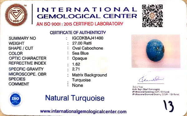 Natural Turquoise | Sea Blue | Oval Cabochon | Matrix Background | IGC CertifiedCertification: IGC (IGCDKBAJ41400) image 2