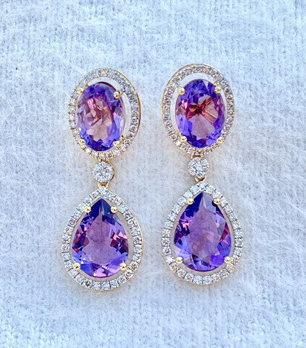 Luxurious Heavy Amethyst Earrings with Natural Diamonds in 14K Gold image 0