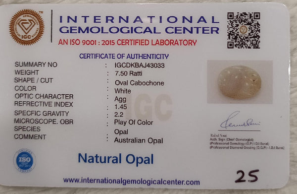 Natural White Opal 7.50 Ratti| Oval Cabochone | Certified No. IGCDKBAJ43033 image 2