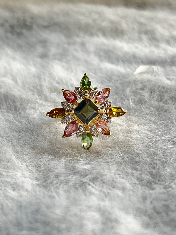 Aurora Blossom Ring – Pink, Green & Brown Tourmalines with 0.41 ct Natural Diamonds in 14K Gold image 0