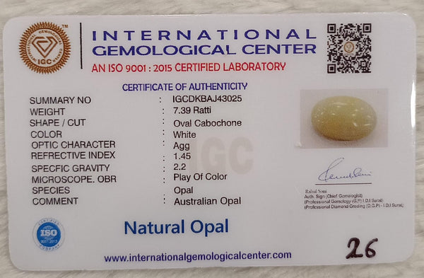 Natural White Opal 7.39 Ratti| Oval Cabochone | Certified No. IGCDKBAJ43025 image 2