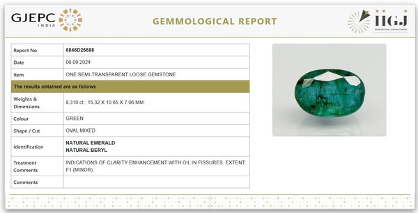 Natural Emerald 9.23 Ratti Govt. Lab Certified | Oval Mixed Cut | Minor Oil TreatmentCertificate No.: 6846D26688 image 1