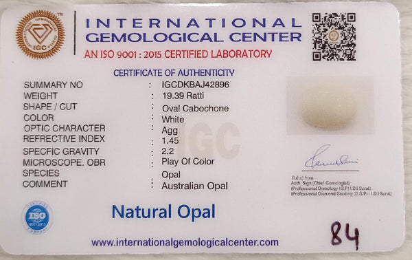 Natural White Opal 19.39 Ratti| Oval Cabochone| Certified No. IGCDKBAJ42896 image 2