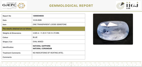 IIGJ certificate 12000D48555 for natural Blue Sapphire from Tushar Gems