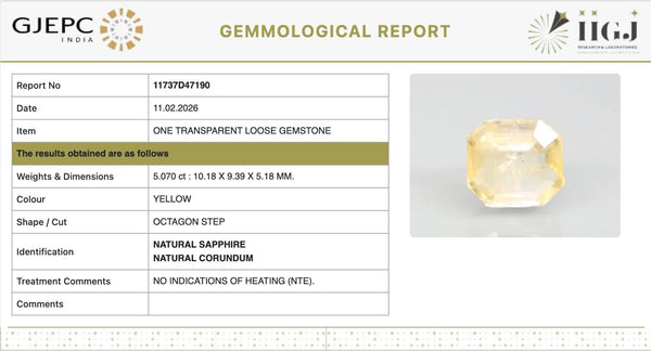 Natural Yellow Sapphire | 016.0| Octagaon Step | Transparent | Govt. Lab Certified | Report No. 11737D47190