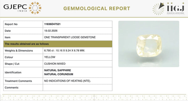 Natural Yellow Sapphire | Cushion Mixed| Transparent | Govt. Lab Certified | Report No. 11836D47521