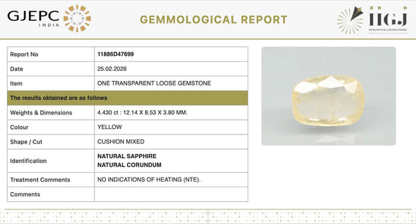 Natural Yellow Sapphire | Cushion Mixed| Transparent | Govt. Lab Certified | Report No. 11886D47699