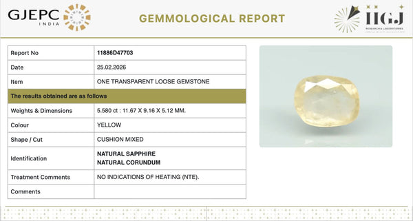 Natural Yellow Sapphire |KB 120H00| Cushion Mixed| Transparent | Govt. Lab Certified | Report No. 11886D47703