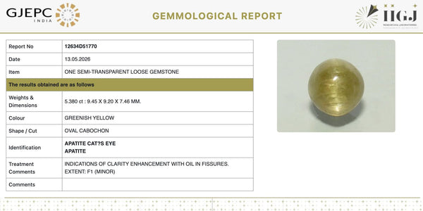 Natural Cats Eye |12H50| Govt. Lab Certified | OVAL CABOCHON | Report No- 12634D51770