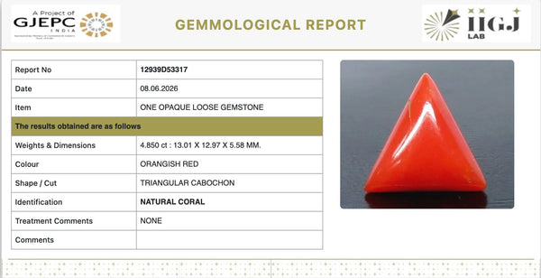 Natural Red Italian Coral |6H50| Triangular Cabochon | Govt. Lab Certified | Report No. 12939D53317