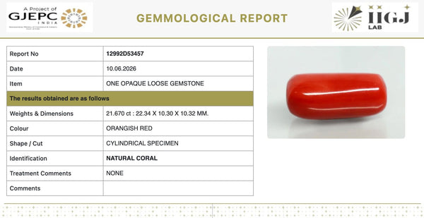 Natural Red Italian Coral |18H50| Cylindrical Specimen | Govt. Lab Certified | Report No. 12992D53457