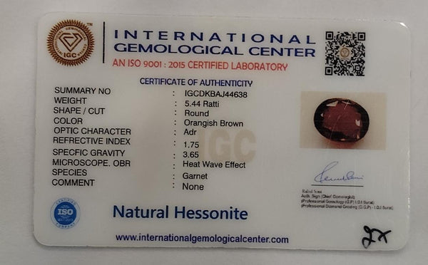 Natural Hessonite (Gomed) |12H00| Round | Brownish Orange Certificate No.: IGCDKBAJ44638