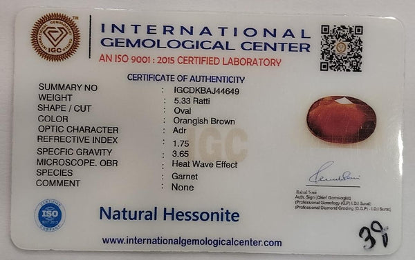 Natural Hessonite (Gomed) |2H50| Oval Mix Cut | IGC Certified Certificate No.: IGCDKBAJ44649