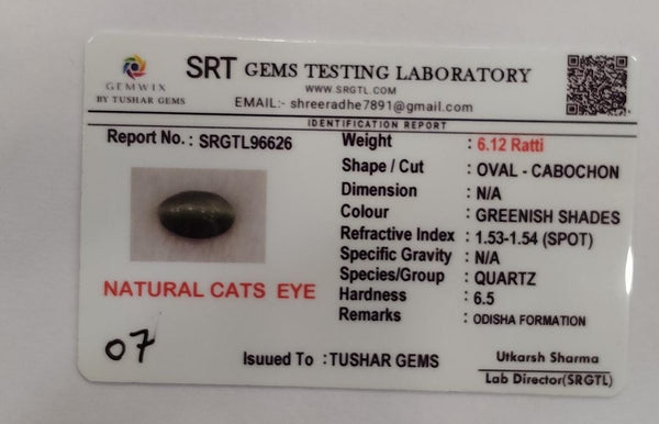 Natural Cat's Eye (Lehsunia) | 2H00 | Oval Cabochon | IGC Certified | Report No. SRGTL96626