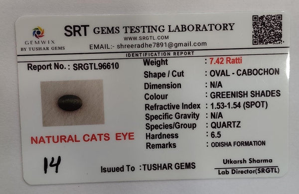 Natural Cat's Eye (Lehsunia) | 2H00 | Oval Cabochon | IGC Certified | Report No. SRGTL96610