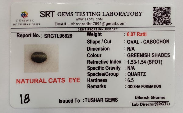 Natural Cat's Eye (Lehsunia) | 2H00 | Oval Cabochon | IGC Certified | Report No. SRGTL96628