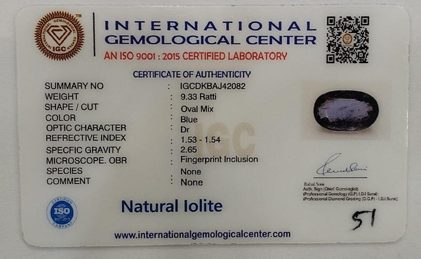 Natural Iolite (Kaka Neeli) | 5H00 | Oval Mixed | Blue | IGC Certified | Cert No. IGCDKBAJ42082