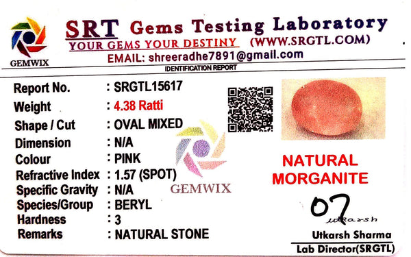 Natural Pink Morganite | Oval | Lab Certified No. SRGTL15617