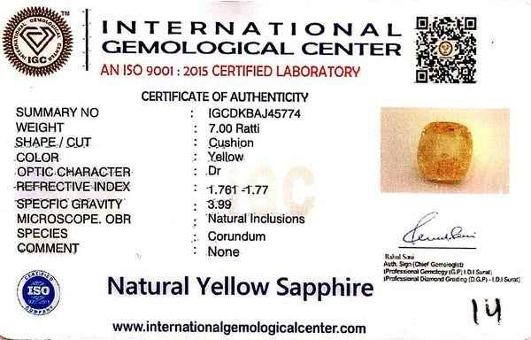 Natural Yellow Sapphire | Cushion| IGC Certified No.: IGCDKBAJ45774
