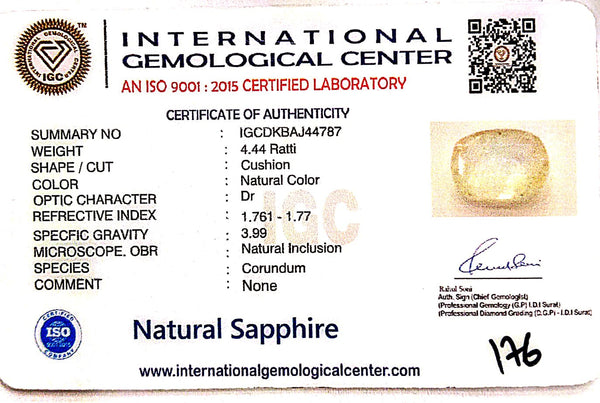 Natural Yellow Sapphire | Cushion| IGC Certified No.: IGCDKBAJ44787