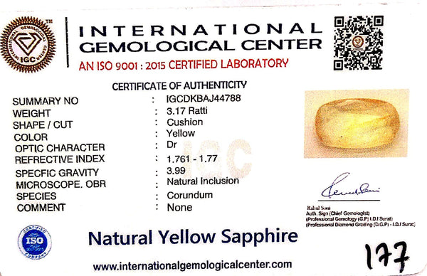 Natural Yellow Sapphire | Cushion | IGC Certified No.: IGCDKBAJ44788