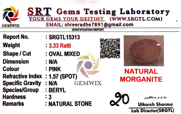Natural Pink Morganite | Oval | Lab Certified No. SRGTL15313