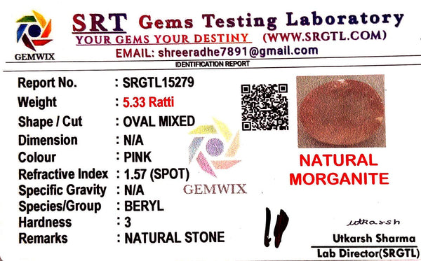 Natural Pink Morganite | Oval | Lab Certified No. SRGTL15279