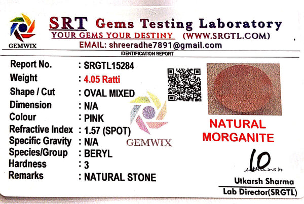 Natural Pink Morganite | Oval | Lab Certified No. SRGTL15284