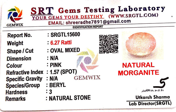 Natural Pink Morganite | Oval | Lab Certified No. SRGTL15600