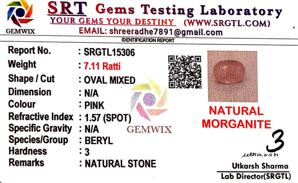 Natural Pink Morganite | Oval | Lab Certified No. SRGTL15306