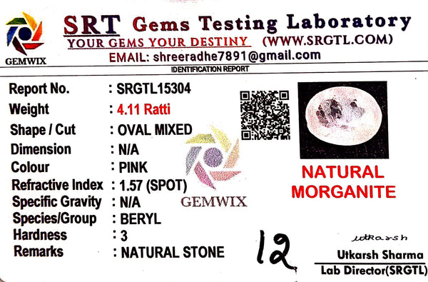Natural Pink Morganite | Oval | Lab Certified No. SRGTL15304