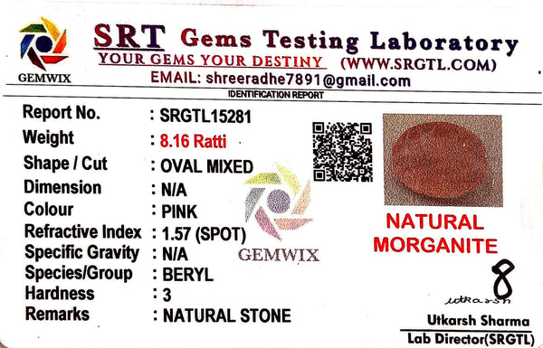 Natural Pink Morganite | Oval | Lab Certified No. SRGTL15281