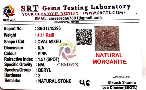 Natural Pink Morganite | Oval | Lab Certified No. SRGTL15298