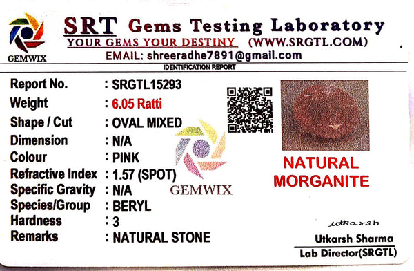 Natural Pink Morganite | Oval | Lab Certified No. SRGTL15293