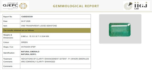 Natural green Emerald Panna octagon step cut, IIGJ certified - Tushar Gems